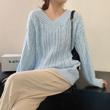 La BellezaV領素色全麻花燈籠袖針織毛衣