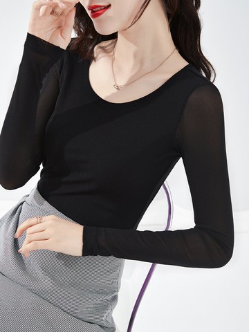 微透黑色網紗打底衫女春秋百搭時尚好看洋氣上衣簡約內搭修身t恤