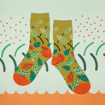 油點百合 棉質中筒襪 - 襪子 -  芥末黃