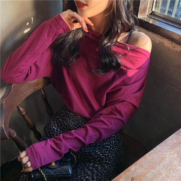 早春ins一字領氣質長袖T恤寬松顯瘦純色打底衫上衣女1入