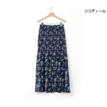 【ココディール】藍色碎花細褶伸縮花長裙 O4P17322