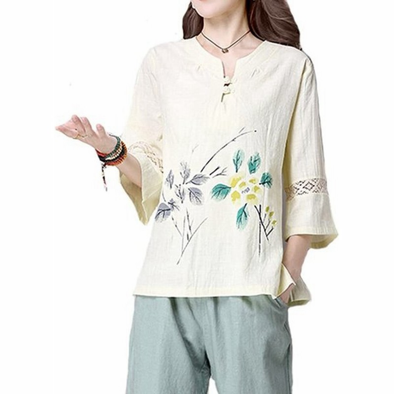 モリマート Morimart レディース チャイナ服 Tシャツ ブラウス Vネック 七分袖 中国風 綿麻 プリント スウェット カジュアル 通販 Lineポイント最大0 5 Get Lineショッピング