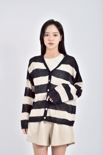 加購優惠(M) 針織條紋排扣黑色罩衫