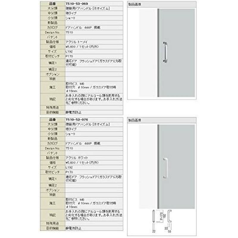 UNION ユニオン ドアハンドル ショート T510-53-076/アクリル、ホワイト 内/外１セット 通販 LINEポイント最大0.5%GET  LINEショッピング