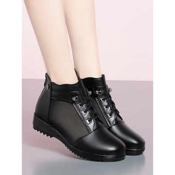 網靴女皮鞋2025新春媽媽鞋涼鞋真皮坡跟網面鏤空網鞋女士涼靴大碼