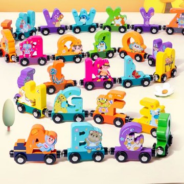 磁性木質小火車26個英文字母積木木制拼裝軌道組合拖拉益智玩具車