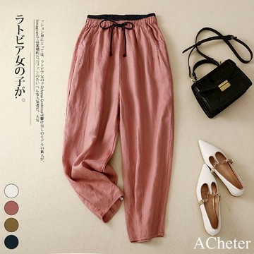 【ACheter】復古撞色盤扣亞麻感休閒褲鬆緊高腰寬鬆顯瘦百搭蘿蔔九分褲 # 116548(現貨+預購)