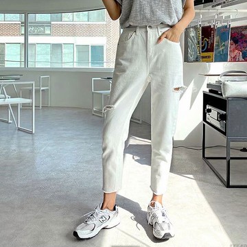 ANNAS 正韓 白褲 割破 牛仔褲 長褲 九分褲 窄管褲 貼腿褲 顯瘦 修身 破洞 下刷鬚 韓國