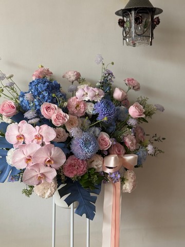 開幕花架 高架花籃 開幕花禮 鮮花花籃 粉+藍繽紛色