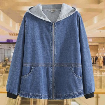 加肥加大碼秋裝女夾克上衣寬松時尚洋氣連帽休閑中年媽媽牛仔外套