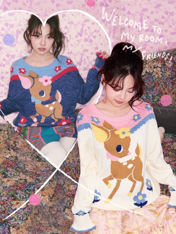 深藍米白雙色小鹿套頭針織毛衣復古童趣