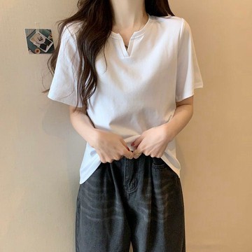 90-300斤大碼女v領上衣女T恤女新款胖MM修身型顯瘦百搭短袖外穿E