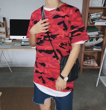 FINDSENSE H1 2018 夏季 新款 個性 迷彩大碼 寬鬆 男 假兩件五分袖 T恤 短袖 時尚 休閒 潮男上衣