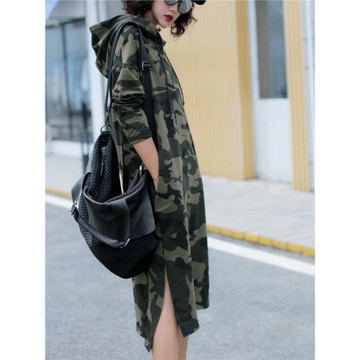 衛衣女長款2025春減齡顯瘦遮肚連帽迷彩女裝大碼連衣裙衛衣長裙