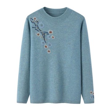 羊絨衫女圓領秋冬加厚大碼保暖寬松刺繡中老年針織毛衣毛衫K2781