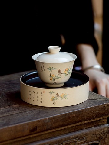 功夫道手繪蓋碗花鳥復古工筆畫天地碗壺承單個敬茶碗陶瓷帶托茶碗