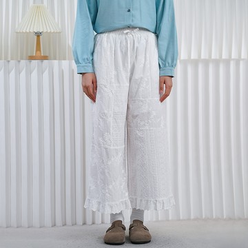 刺綉蕾絲花邊拼接寬褲122376C