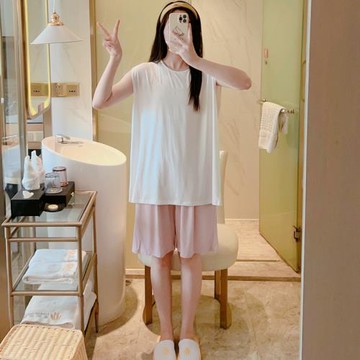 夏季涼感舒適冰絲莫代爾睡衣女士圓領背心無袖短褲套裝簡約家居服