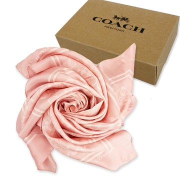 【COACH】C LOGO 100%蠶絲絲巾方巾頭巾領巾圍巾禮盒(粉)