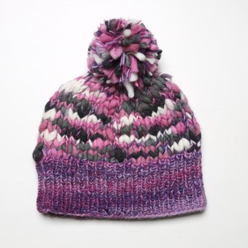 粉紫大毛球混色粗線漸層純羊毛線手工編織半襯防風毛帽子|交換禮