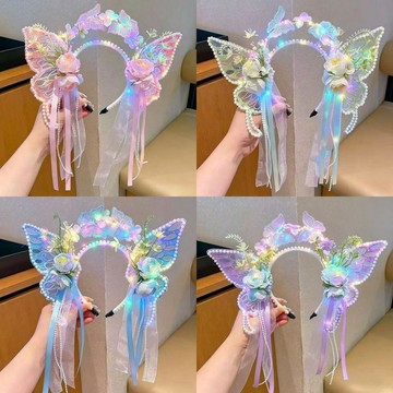 【免運喲】新款發光蝴蝶髮箍女童公主風漢服配飾夢幻飄帶花朵頭飾網紅爆款