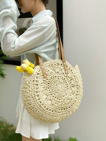 側背 草編包女大容量2025新款夏季圓形編織包海邊度假沙灘包單肩托特包