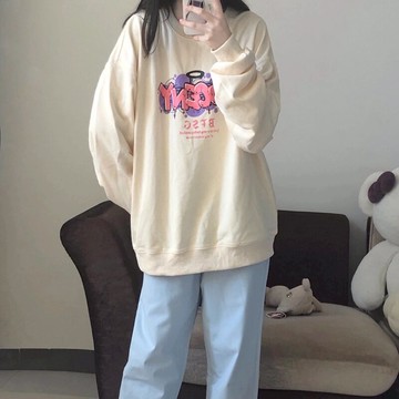 奶黃色oversize圓領衛衣女超火cec春秋薄款外套潮學生寬松上衣服