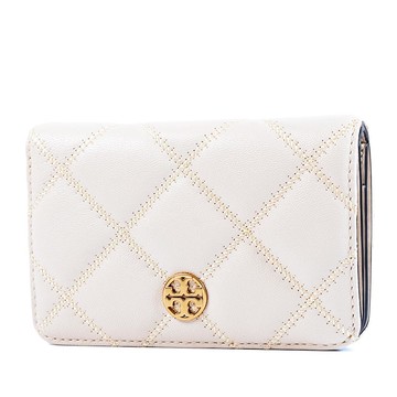 TORY BURCH Willa 菱格紋皮革釦式中夾-奶油白