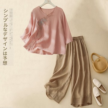 新中式五分袖上衣女士中年媽媽兩件套夏季復古中國風刺繡棉麻套裝