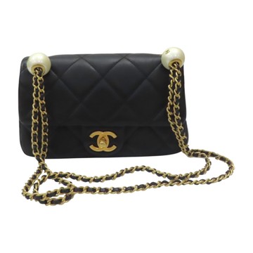 CHANEL 香奈兒 黑色 羊皮 白色圓珠 調節鍊帶 肩背包 金扣 AS4861 【二手名牌BRAND OFF】