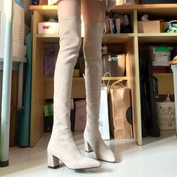 靴子女過膝靴2025年新款尖頭粗跟長靴高筒彈力瘦瘦靴小個子長筒靴