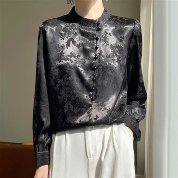 【巴黎精品】緞面襯衫長袖上衣-春季立領提花絲質女裝3色a1iz65