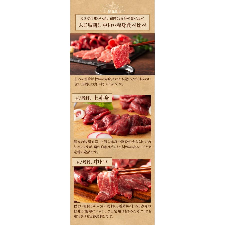 馬刺し 中トロ・上赤身 食べ比べ セット 各100g（たれ・生姜付） 肉 馬肉 赤身 霜降り 熊本 御礼 お返し おみやげ 高級 おつまみ 送料無料