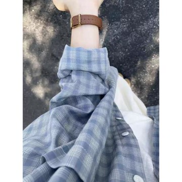 章若楠同款長袖藍色格子襯衫2025寬松慵懶上衣百搭防曬衫襯衣外套