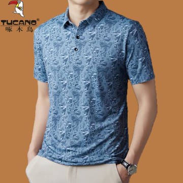 啄木鳥高端冰絲短袖T恤男大碼夏威夷碎花T恤桑蠶絲印花翻領Polo衫