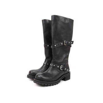 Asthershop原創 圓頭鉚釘裝飾長筒機車靴 朋克風粗跟厚底長靴女