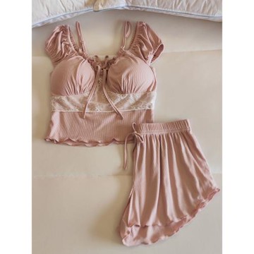 莫代爾棉睡衣女夏季帶胸墊吊帶短褲套裝薄款甜美性感網紅風家居服