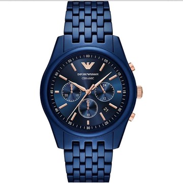 EMPORIO ARMANI 亞曼尼 經典藍陶瓷三眼計時錶-男錶43mmAR70016