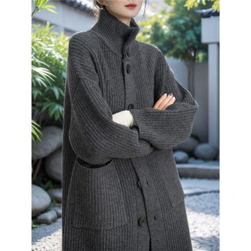 歐版寬松慵懶風針織外套大衣女高領中長款開衫灰色羊毛衫毛衣加厚
