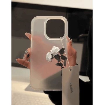 側邊枝葉白玫瑰適用蘋果16/15大孔磨砂手機殼12promax不撞殼iPhone11氛圍感13軟邊