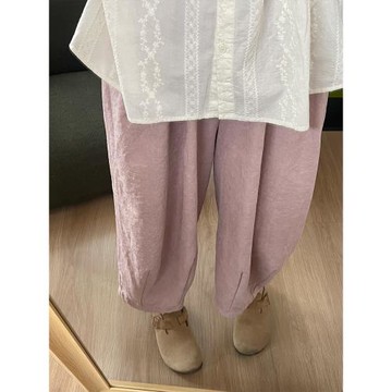 粉色褲子女小個子寬松九分闊腿褲大碼胖妹妹mm高腰遮肉糯感奶奶褲