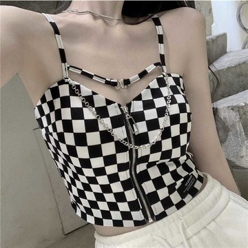 露臍棋盤格子拉鏈吊帶背心女修身時尚百搭短款外穿上衣鏈條潮夏季新款【聚宝屋】