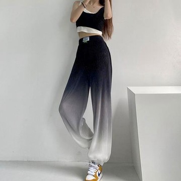 漸變壓褶冰絲休閑褲女夏季薄款寬松直筒束腳哈倫褲遮肉顯瘦衛褲潮