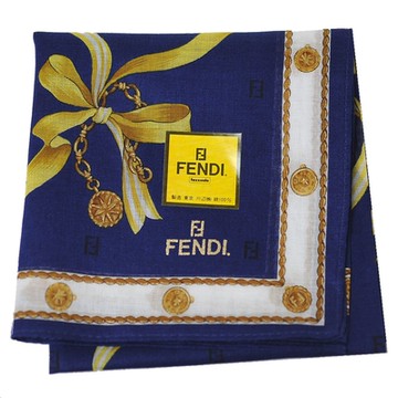 FENDI 品牌穿鍊蝴蝶結吊飾圖騰品牌LOGO帕領巾(深藍系/45CM)