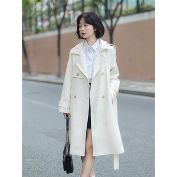高級感白色風衣外套女中長款小個子2025年春秋韓系垂感大衣雙排扣
