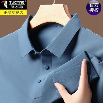 啄木鳥2024新款冰絲短袖t恤男夏季薄款寬松翻領真口袋半袖POLO衫