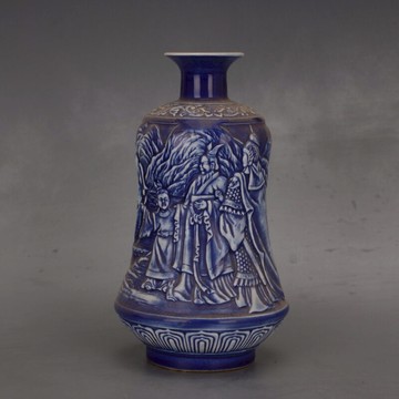 景德鎮廠貨文革瓷青花浮雕【曹沖稱象】瓶 仿古舊貨古玩家居裝飾