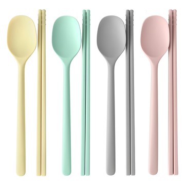 可可威爾 4色混合矽膠4人份餐具組  柔粉紅、淺灰色、奶黃、薄荷綠  4組  勺子 4p + 筷子 4p