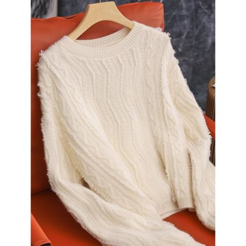 妥妥的富貴氣質！山羊絨100% 流蘇波浪須邊白色燈籠袖毛衣針織衫