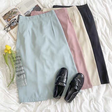 『現貨馬上出+』RENA韓風氣質淡雅凈色夏季小個子半松緊高腰顯瘦開叉西裝半身裙【R20145】